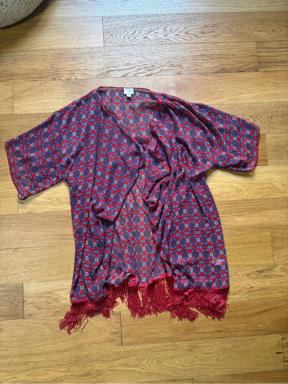 LuLaRoe Red and Blue Fringe Kimono